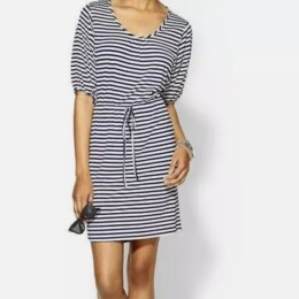 Calvin Klein Navy White Stripe V-Neck Drawstring Knit Rayon Short Sleeve Dress 2